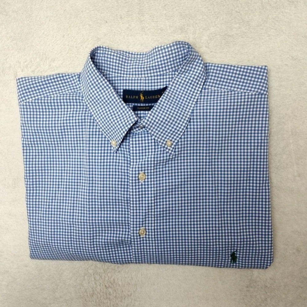 Ralph Lauren Shirt Mens Big 2XB Big Blue Gingham‎ Plaid Button-Up Classic Dress